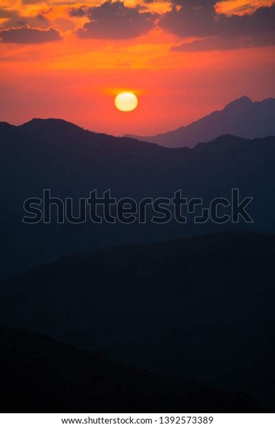 Beautiful Mountain Sunset Dramatic Clouds Located Stock Photo