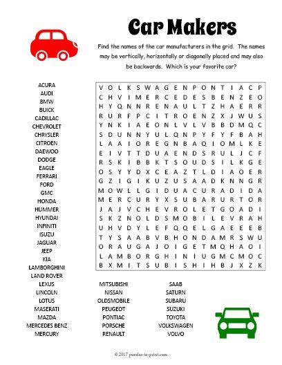 Printable Car Word Search Puzzles
