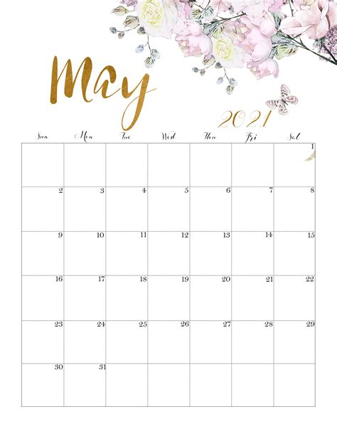 Floral May 2021 Calendar Printable Cute Designs