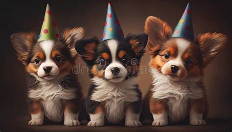 Happy Puppy Dogs Wearing Party Hats Celebrating Puppies Stock