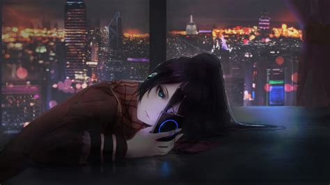 Download Anime Girl Using Phone Cityscape Night Cute Art 1920x1080