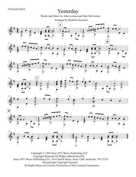 If you just started to learn playing a guitar than this blank chords and tab staffs can be of use. Yesterday For Classical Guitar By The Beatles - Digital Sheet Music For (Download & Print H0 ...