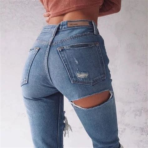 Sexy Bottom Ripped Hollow Out Denim Jeans Women High Waist Washed Loose