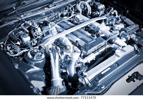 Blue Toned Performance Sports Car Engine Stock Photo 77111470