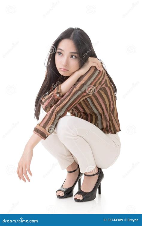 asian beauty squat and feel boring stock image image of isolated full 36744189