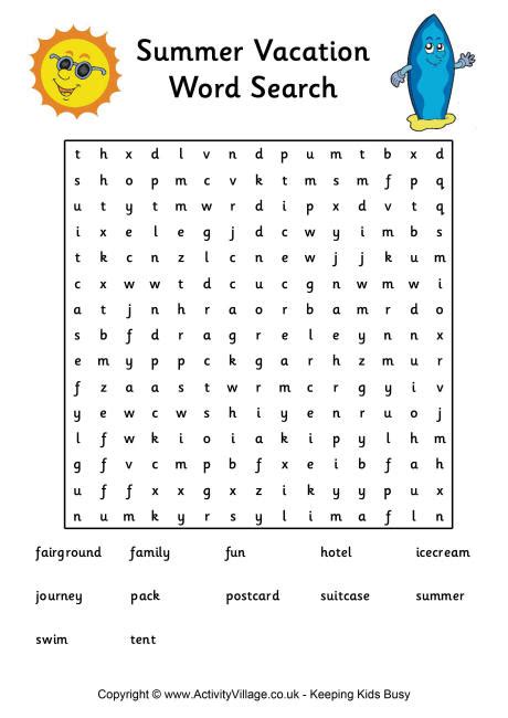 Summer Vacation Word Search Difficult