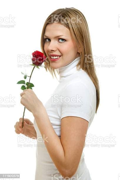 Young Beautiful Woman With A Single Red Rose Stock Photo Download