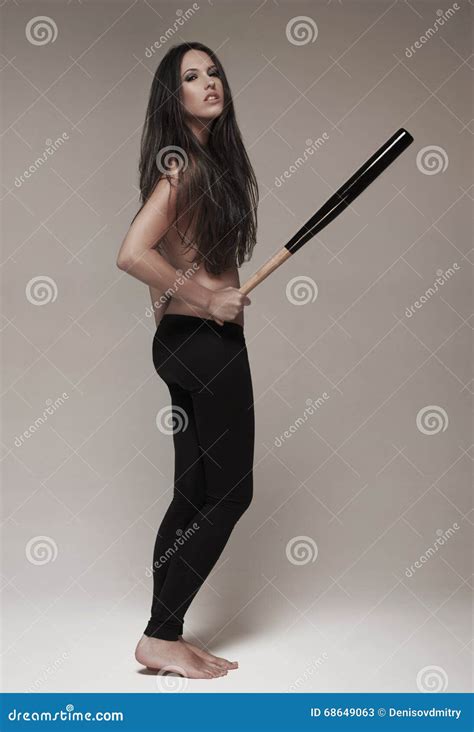 Woman Holding Baseball Bat Stock Image Image Of Black 68649063