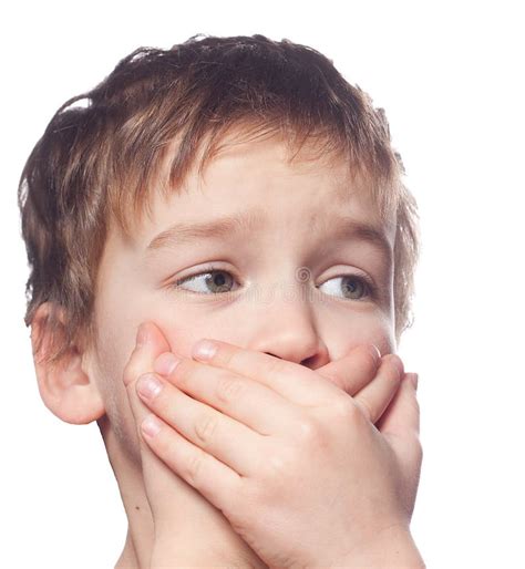 Boy Covers Mouth With His Hands Stock Photo Image Of Sing Portrait