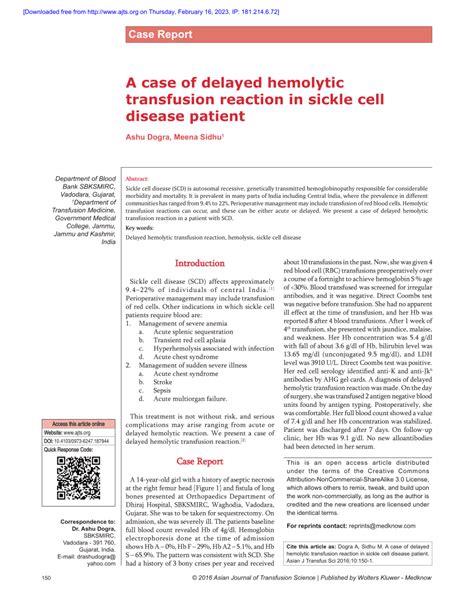 Pdf A Case Of Delayed Hemolytic Transfusion Reaction In Sickle Cell