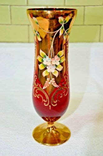 Stunning Venetian Murano Glass Vase 9 25 034 Red 24kt Gold Hand Painted Vintage With Images