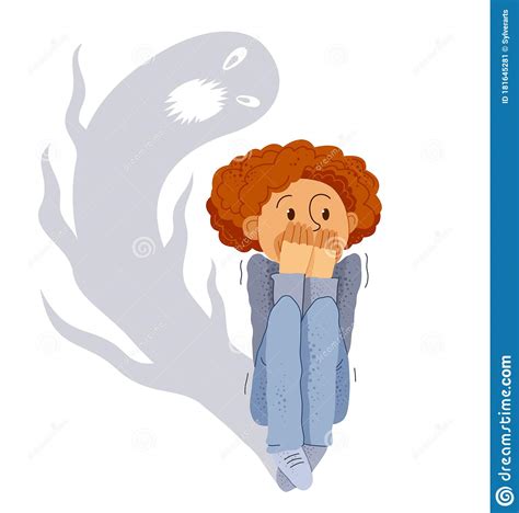Sciophobia Fear Of Shadows Vector Illustration Boy Is Scared By Her