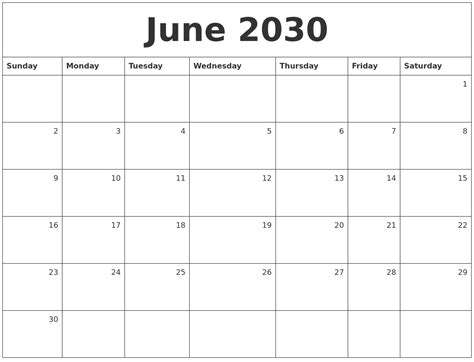June 2030 Monthly Calendar
