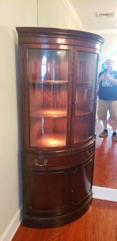 1940s Curved Glass Demilune Form Mahogany Corner China Cabinet From The