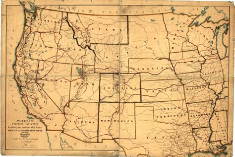 Map Of Western United States Postal Routes Antique Map 1867 Ebay
