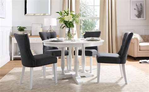 Highgrove Round White Wood Dining Table With 4 Bewley Slate Fabric