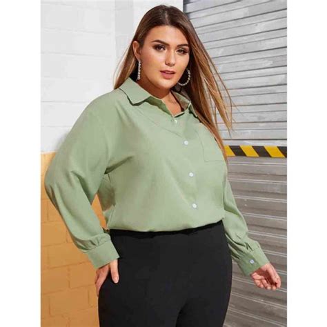 Plus Size Sage Green Long Sleeve Women Shirt Blouses For Work 4
