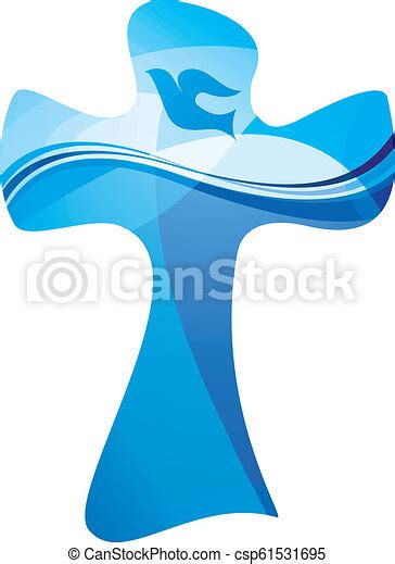 Christian Cross Baptism Symbol With Dove And Water Waves Multiple
