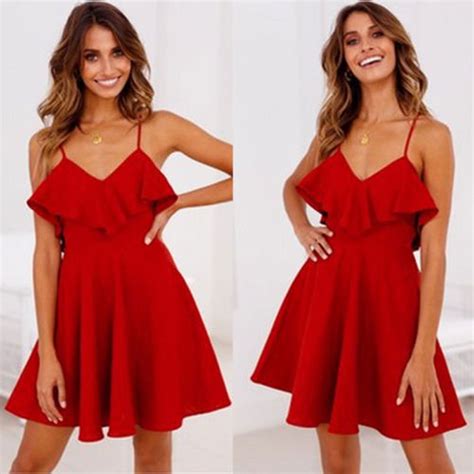 2018 new women summer sleeveless v neck backless red short mini dress evening party beach