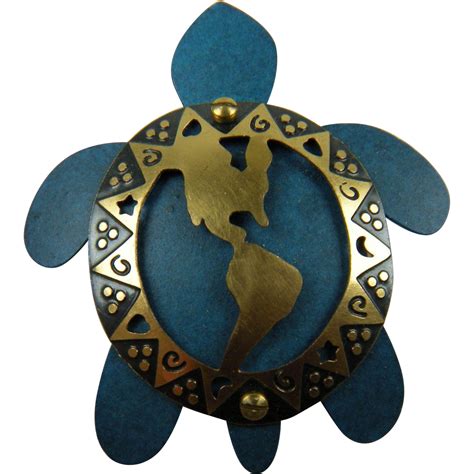 Unique Copper Turtle Pin With North And South America Map