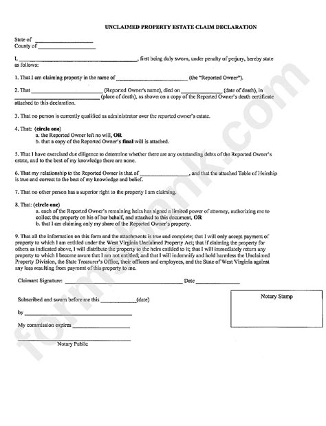 In the united states, alone, there is over $40 billion in unclaimed money and property being held by the state and federal governments. Unclaimed Properity Estate Claim Declaration Form printable pdf download