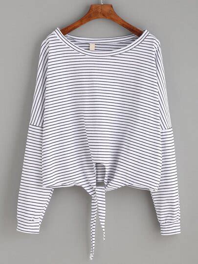 White Striped Tie Front T Shirt Emmacloth Women Fast Fashion Online