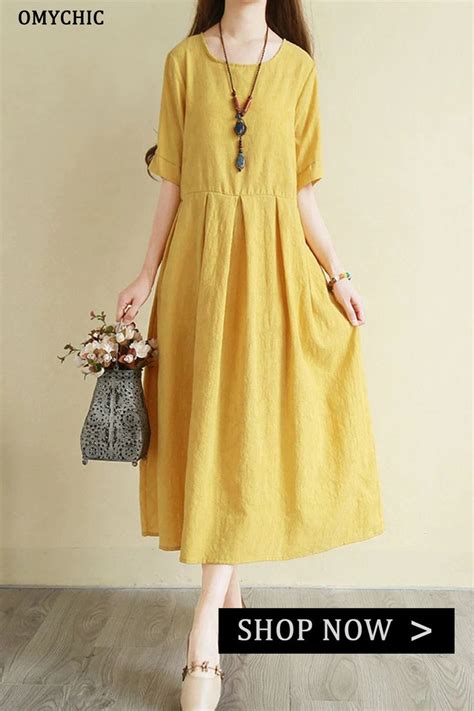 French O Neck Pockets Cotton Linen Robes Boutique Neckline Yellow Plus