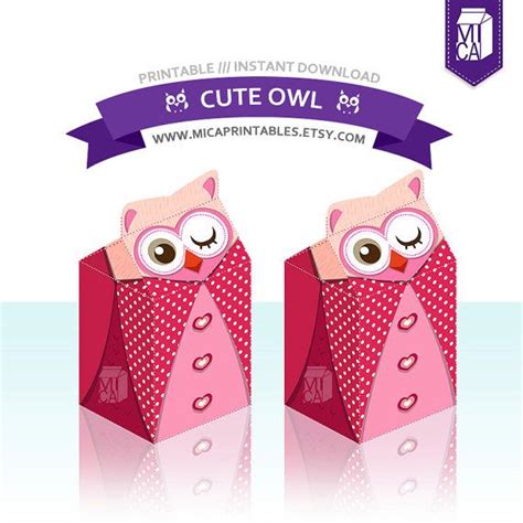 Cute Owls Printable Party Favor Treat T Box Pink Heart Owl Animals