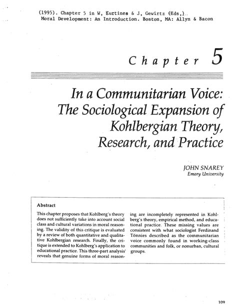 Pdf In A Communitarian Voice The Sociological Expasion Of Kohlbergian Theory Research And