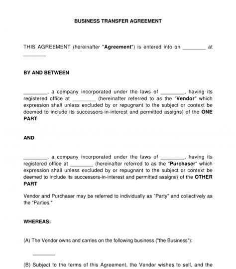 Business Transfer Agreement Template