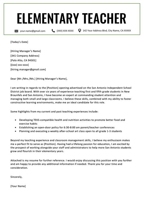 Letter of application for a teacher, and convince the reader to move on to your resume, ultimately landing a job interview. Elementary Teacher Cover Letter Example & Writing Tips ...