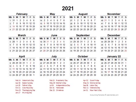 2021 starts on friday, january 1st 2021 and ends on friday, december 31st. Printable 2021 Accounting Calendar Templates - Calendarlabs