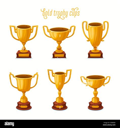 Gold Trophy Cups Set Of A Golden Award Cups In Different Shapes 1st