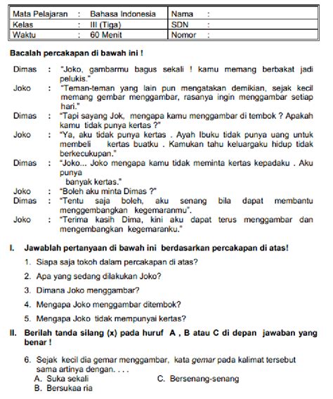 Soal Dan Jawaban Pas Uas Bahasa Indonesia Kelas 3 Sd Semester 1
