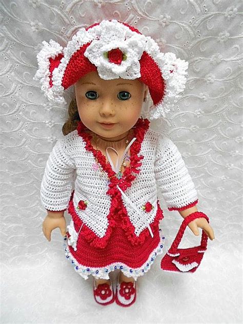 red and white crocheted 7pc doll outfit jacket skirt hat etsy white crochet crochet doll
