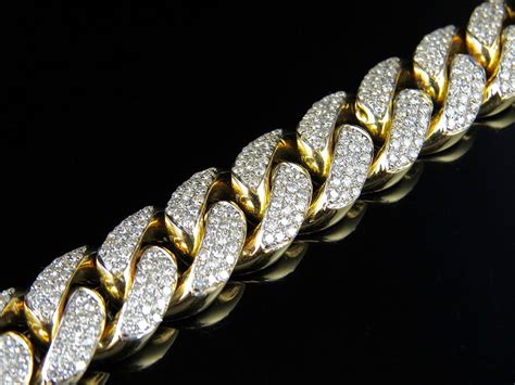 Mens Solid 10k Yellow Gold Miami Cuban Link 14 Mm Diamond Bracelet 105