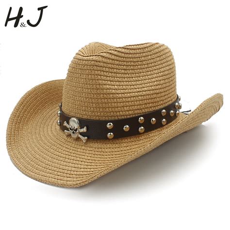 Women Men Straw Western Cowboy Hats With Roll Up Brim Lady Gentleman
