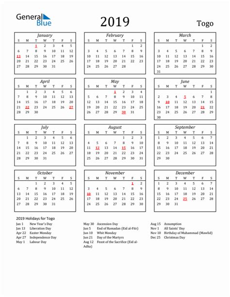 Free Printable 2019 Togo Holiday Calendar