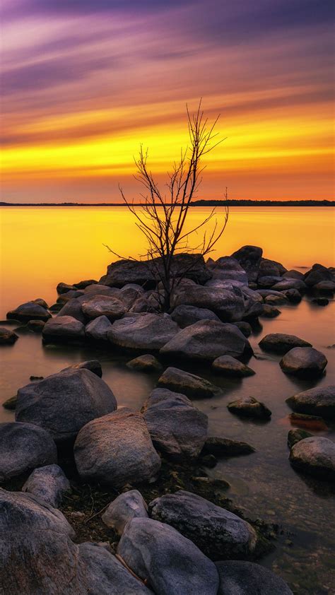 Download Wallpaper 1350x2400 Lake Stones Sunset Water Reflection