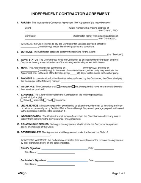 Free 1 Page Simple Independent Contractor Agreement Template Pdf Word