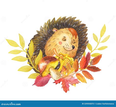 Watercolor Hedgehog Sleeping In Autumn Leaves With Mushroom