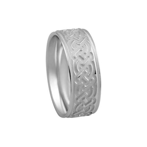Celtic Wedding Band 14k White Gold Unique Milgrain Ring Etsy