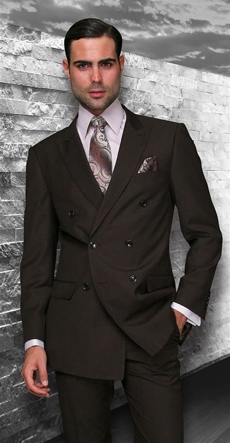 Statement Solid Brown Italian Wool Double Breasted Suits Tzd 100