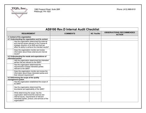 As Rev D Internal Auditor Checklist Tqs Inc