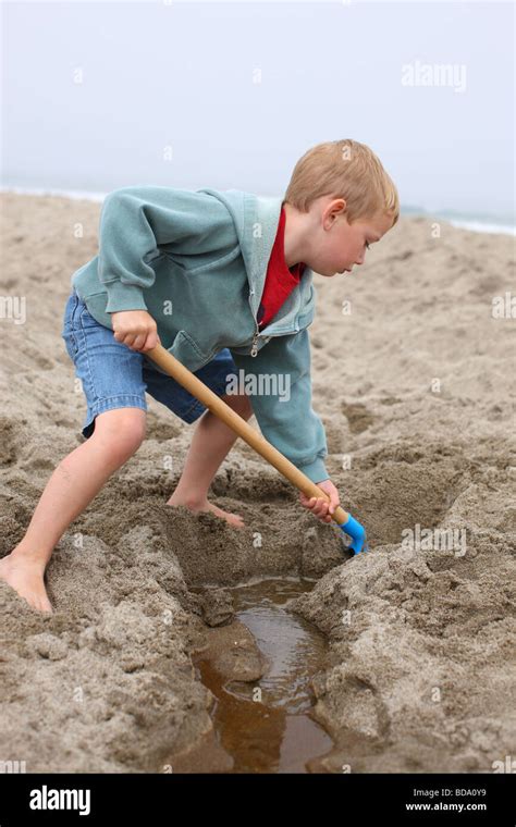 Young Boy Digging In Sand At Beach Stock Photo Alamy