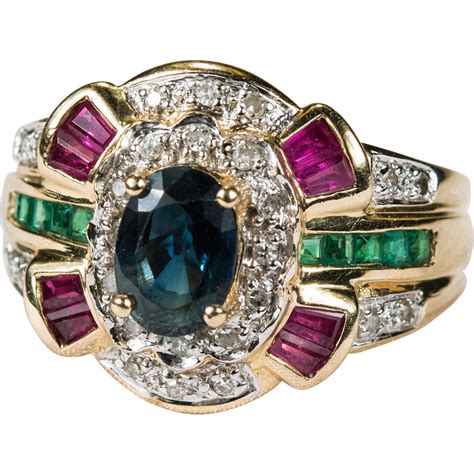 White diamond 1 carat ring with sterling silver for women & girls | teardrop halo promise ring with round & baguette cut diamonds. Ruby Emerald Sapphire Diamond Ring 585 14k Gold Wide Band Ring 2ctw from rubylane-sold on Ruby Lane