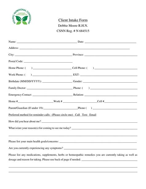 Client Intake Form Houstic Nutritional Consultant Download Printable