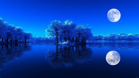 Природа ночь вода деревья луна обои для рабочего стола картинки