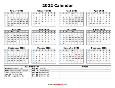 2022 Calendar Template With Federal Holidays Printable Form