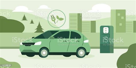 Electric Car Near Charging Station In Modern City Sustainable Lifestyle